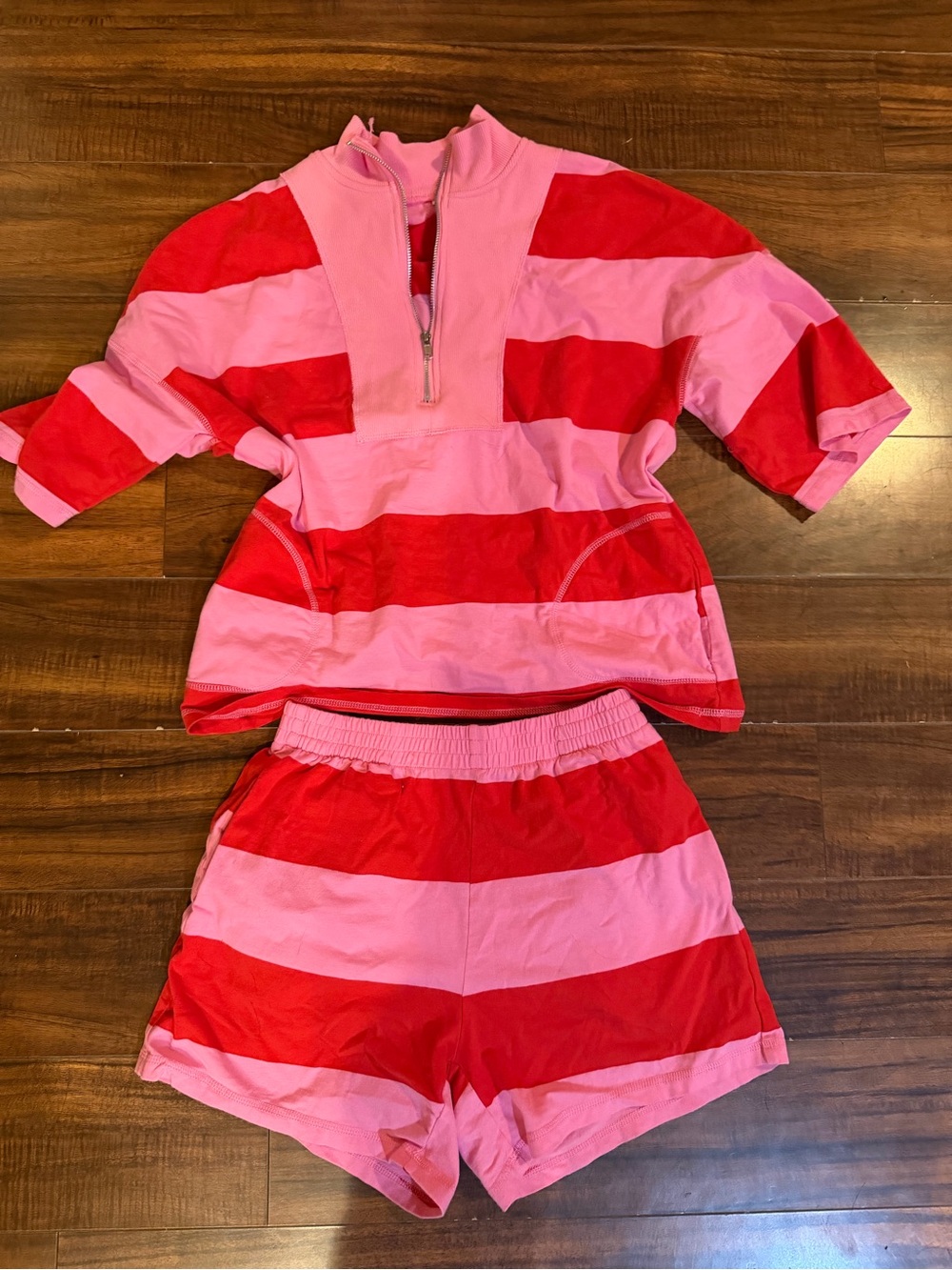 Pink & Red Striped Set - Short Sleeve Zip Top & Shorts